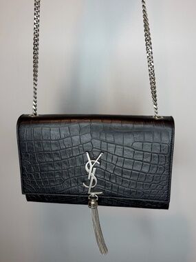 Saint Laurent Black Croc-Embossed Leather Shoulder Bag with Tassel
